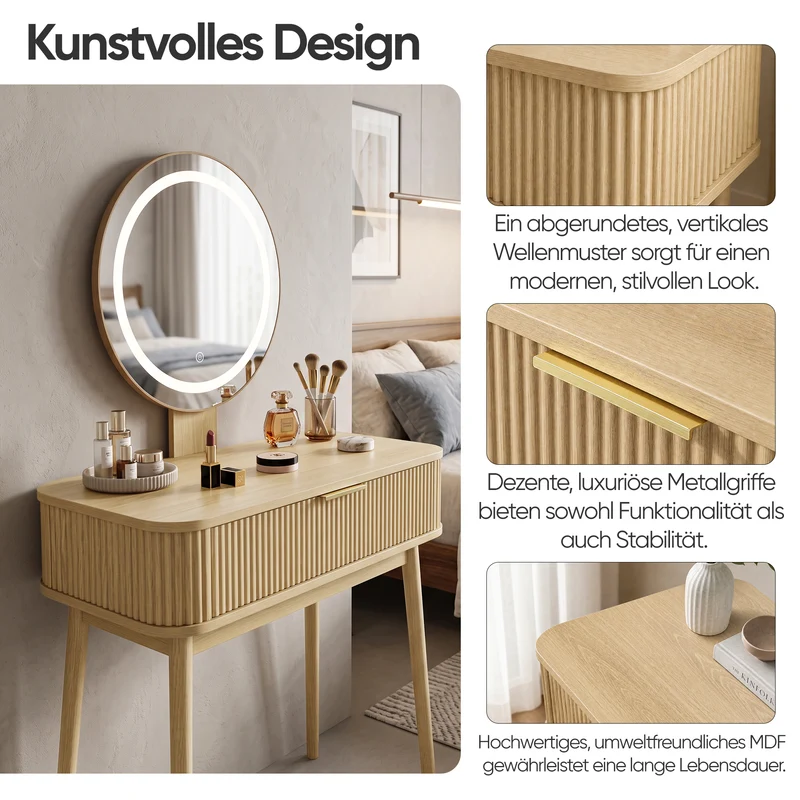 Coiffeuse effet chêne avec miroir LED sans tabouret 80x40x133cm RUSTICSTOOLART