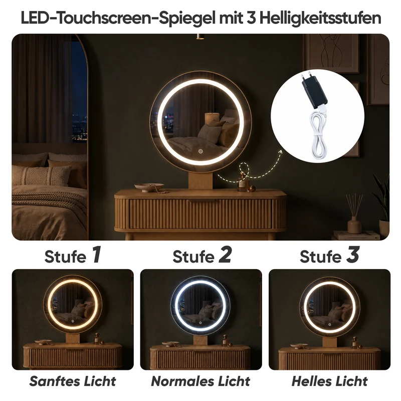 Coiffeuse effet chêne avec miroir LED sans tabouret 80x40x133cm RUSTICSTOOLART