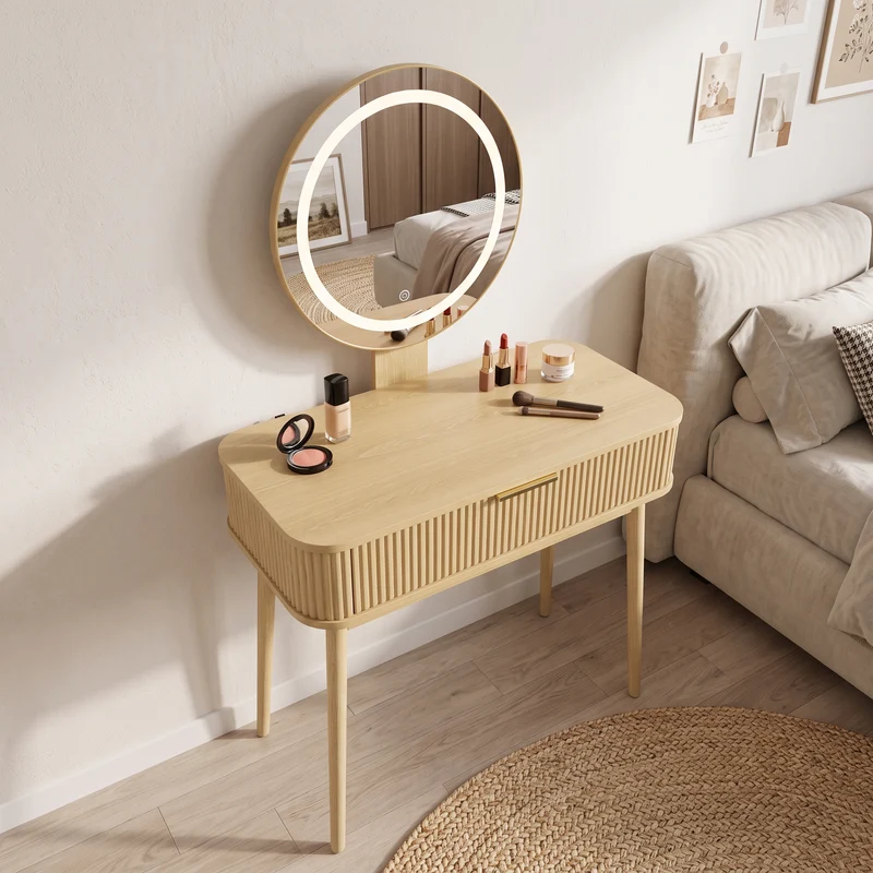 Coiffeuse effet chêne avec miroir LED sans tabouret 80x40x133cm RUSTICSTOOLART