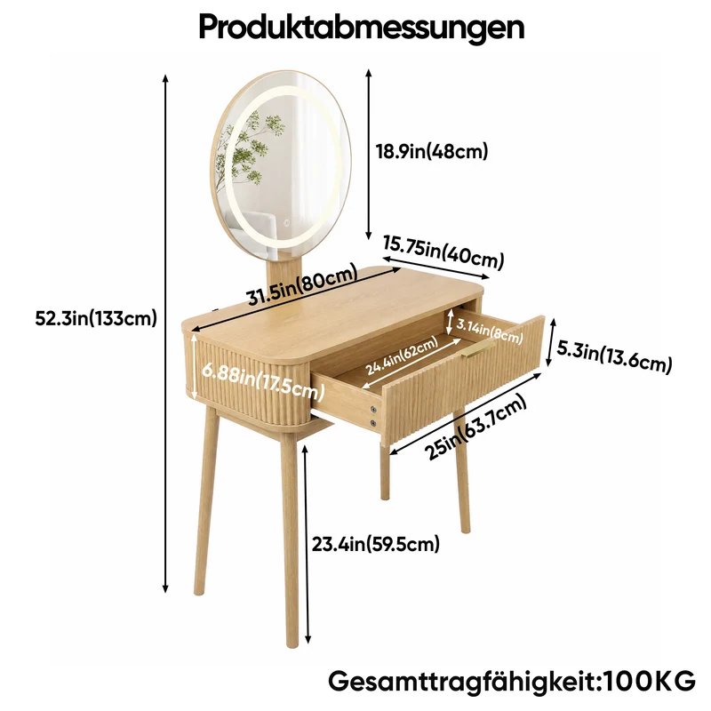 Coiffeuse effet chêne avec miroir LED sans tabouret 80x40x133cm RUSTICSTOOLART