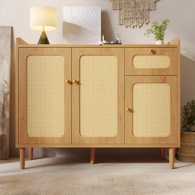 Buffet effet chêne avec cannage 3 portes 1 tiroir 120x40x91cm RUSTICWALLHOME