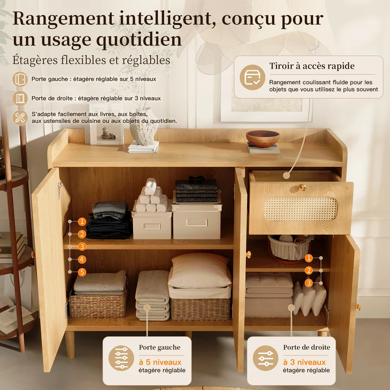 Buffet effet chêne avec cannage 3 portes 1 tiroir 120x40x91cm RUSTICWALLHOME