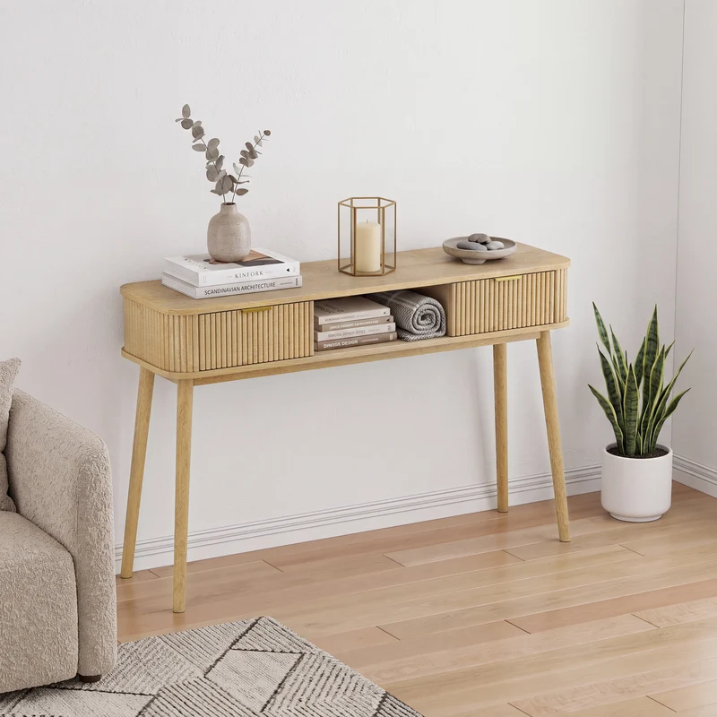 Console effet chêne et à latte avec tiroirs, poignées métalliques dorées 120x35cm RUSTICRUGSET