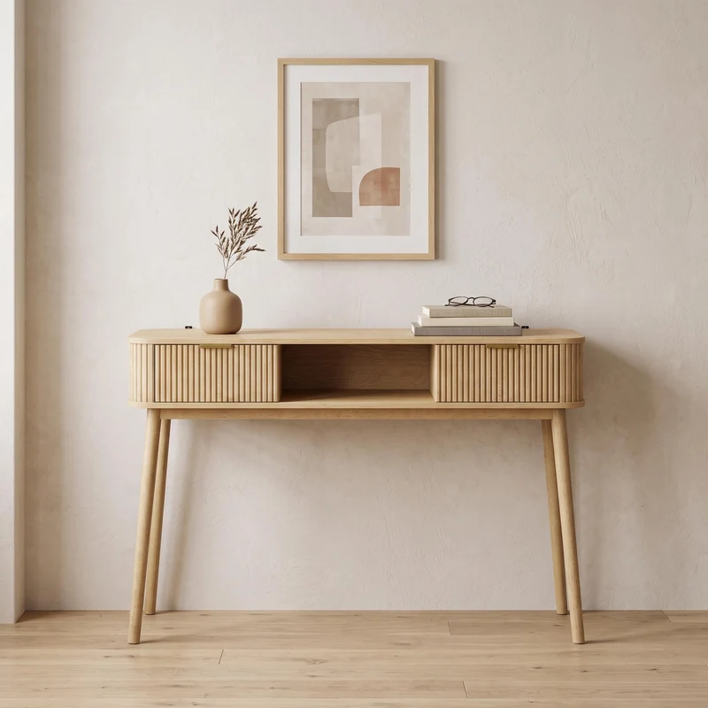 Console effet chêne et à latte avec tiroirs, poignées métalliques dorées 120x35cm RUSTICRUGSET