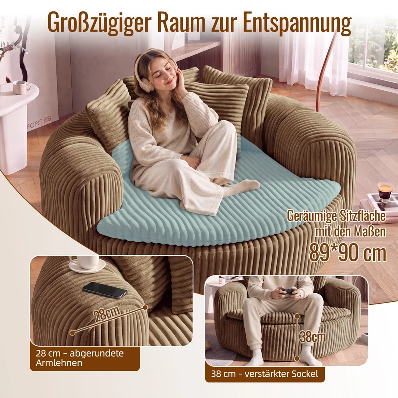 Fauteuil round lounge XXL en velours côtelé camel, 5 coussins 145x133cm RUSTICDESKART