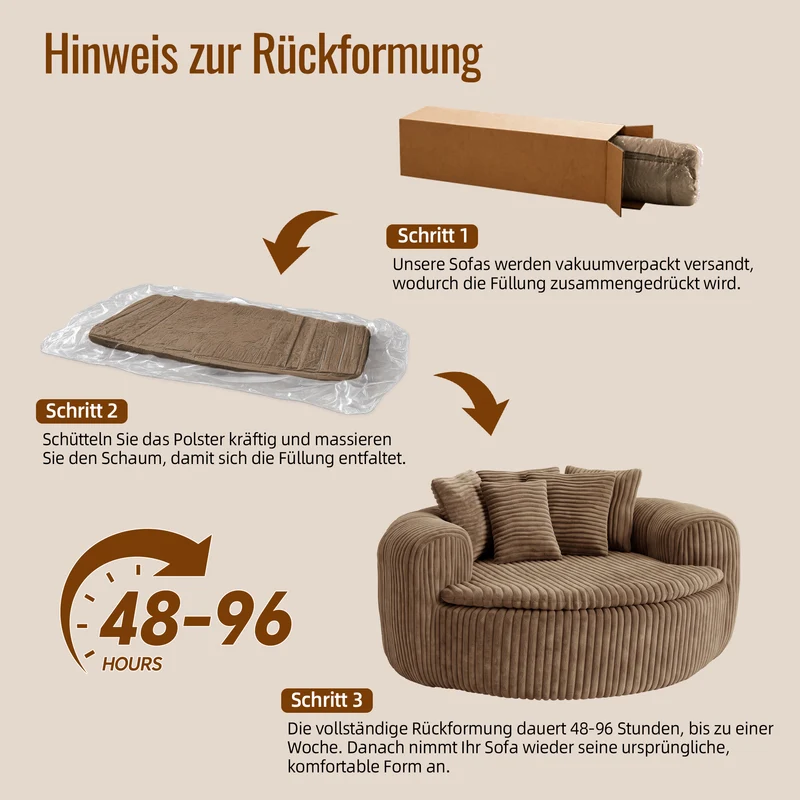 Fauteuil round lounge XXL en velours côtelé camel, 5 coussins 145x133cm RUSTICDESKART