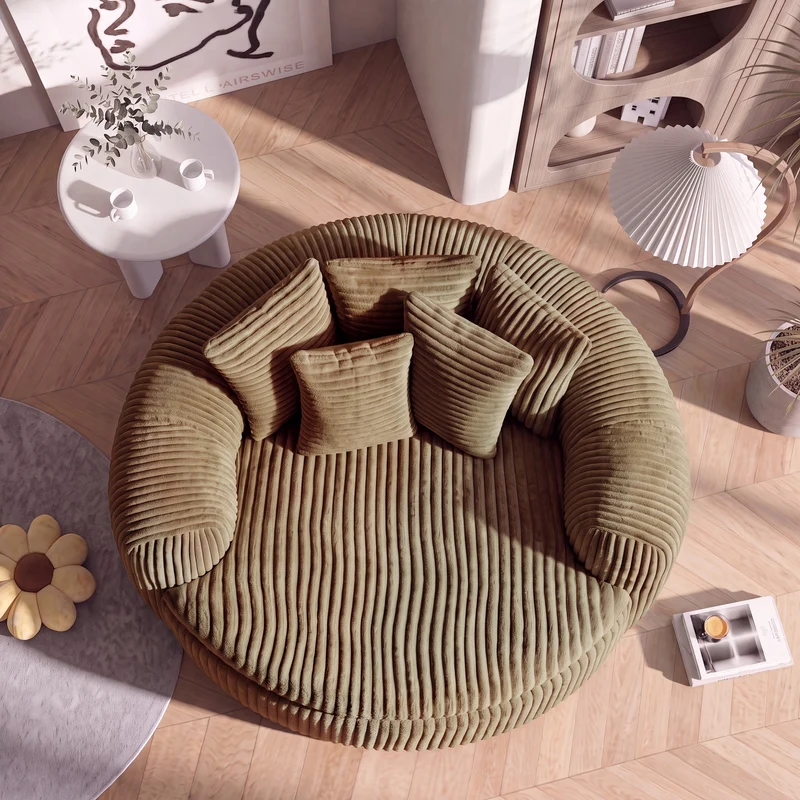 Fauteuil round lounge XXL en velours côtelé camel, 5 coussins 145x133cm RUSTICDESKART