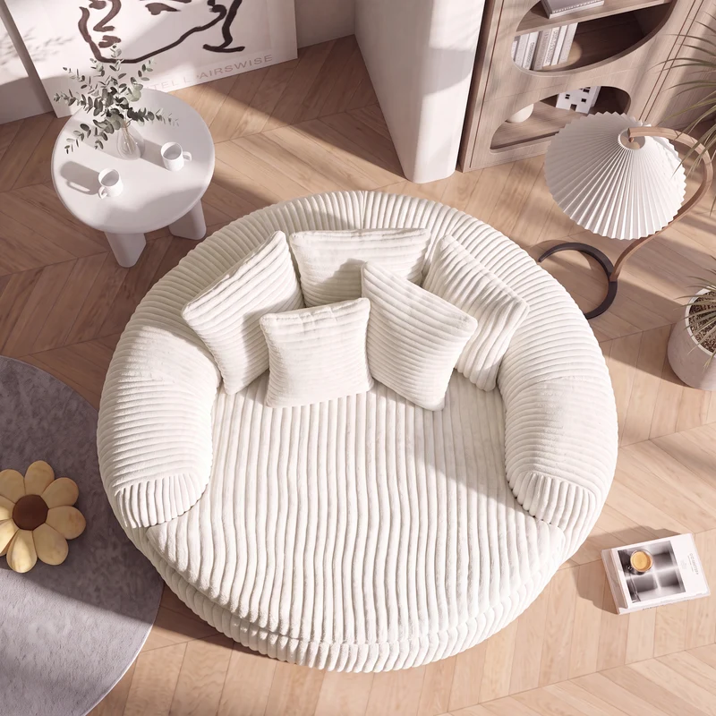 Fauteuil round lounge XXL en velours côtelé beige, 5 coussins 145x133cm RUSTICDESKSET