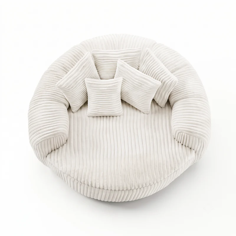 Fauteuil round lounge XXL en velours côtelé beige, 5 coussins 145x133cm RUSTICDESKSET