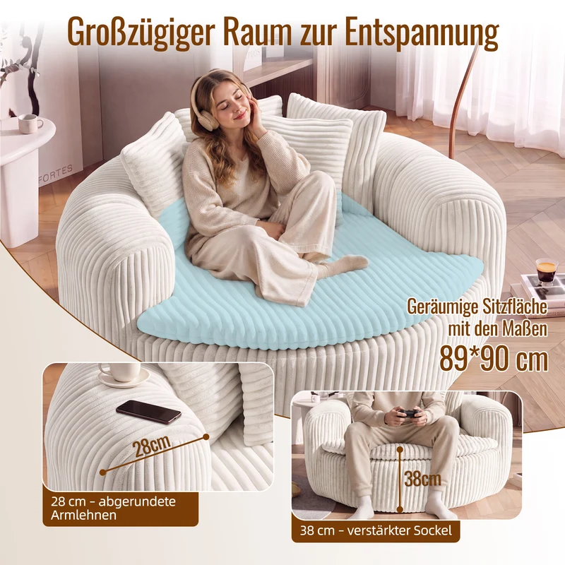 Fauteuil round lounge XXL en velours côtelé beige, 5 coussins 145x133cm RUSTICDESKSET