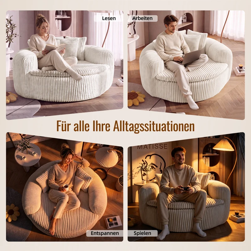 Fauteuil round lounge XXL en velours côtelé beige, 5 coussins 145x133cm RUSTICDESKSET
