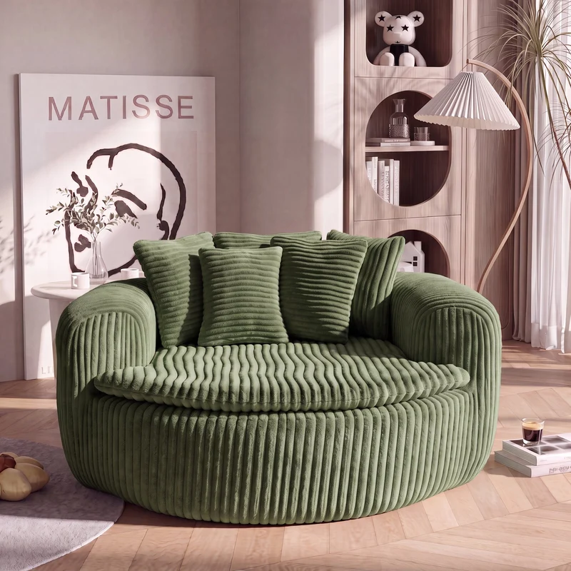 Fauteuil round lounge XXL en velours côtelé vert olive, 5 coussins 145x133cm RUSTICDRESSERSET
