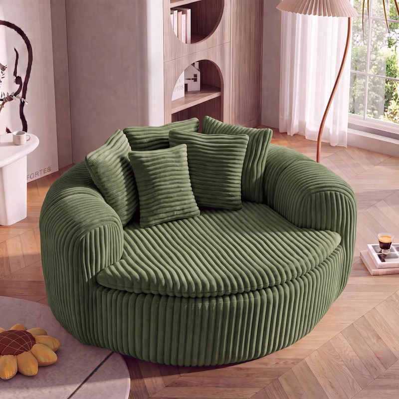 Fauteuil round lounge XXL en velours côtelé vert olive, 5 coussins 145x133cm RUSTICDRESSERSET