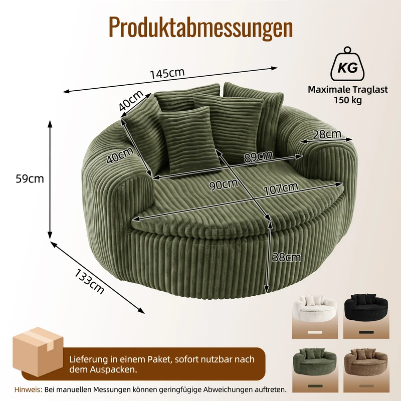 Fauteuil round lounge XXL en velours côtelé vert olive, 5 coussins 145x133cm RUSTICDRESSERSET