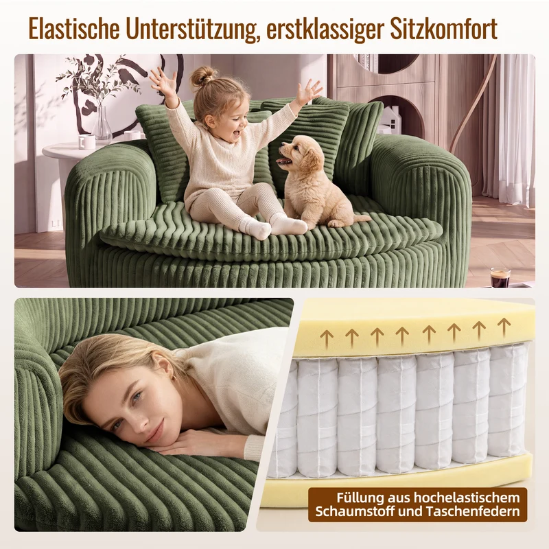 Fauteuil round lounge XXL en velours côtelé vert olive, 5 coussins 145x133cm RUSTICDRESSERSET