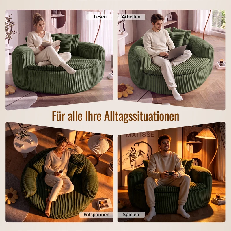 Fauteuil round lounge XXL en velours côtelé vert olive, 5 coussins 145x133cm RUSTICDRESSERSET