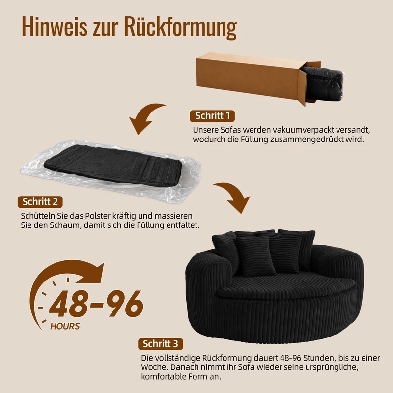 Fauteuil round lounge XXL en velours côtelé noir, 5 coussins 145x133cm RUSTICDIVIDERHOME