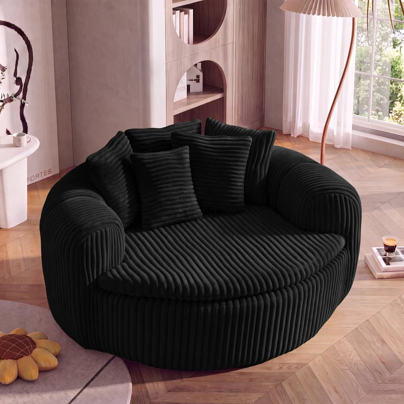 Fauteuil round lounge XXL en velours côtelé noir, 5 coussins 145x133cm RUSTICDIVIDERHOME