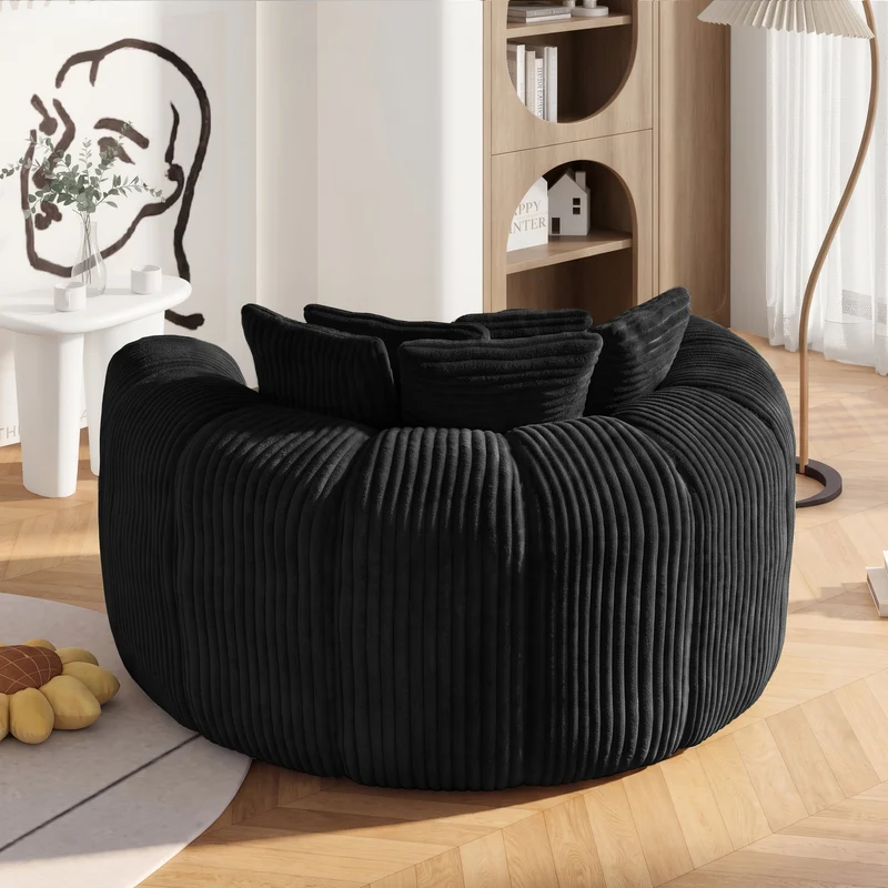 Fauteuil round lounge XXL en velours côtelé noir, 5 coussins 145x133cm RUSTICDIVIDERHOME