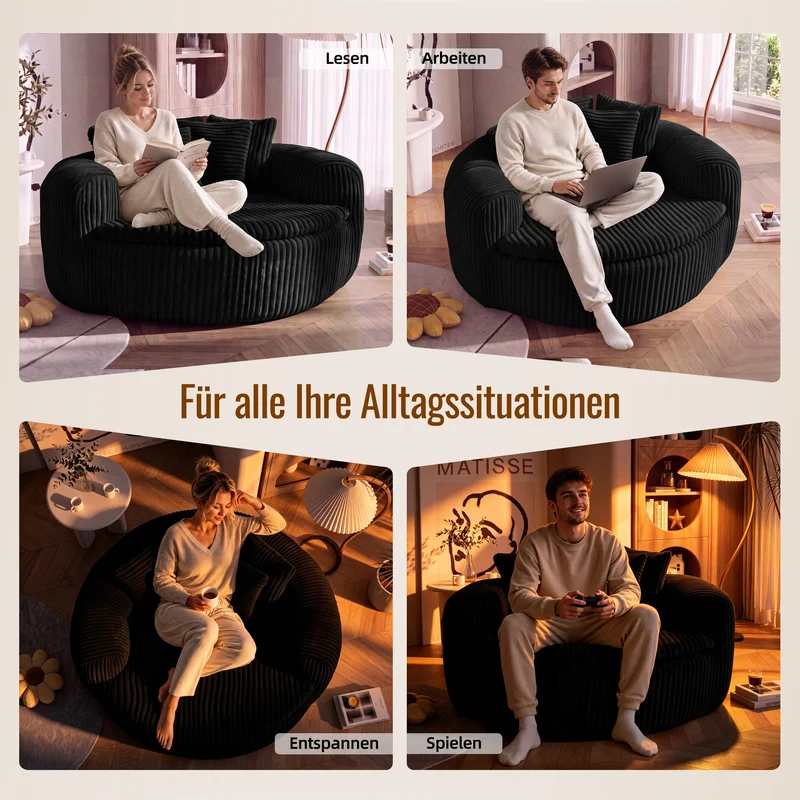 Fauteuil round lounge XXL en velours côtelé noir, 5 coussins 145x133cm RUSTICDIVIDERHOME