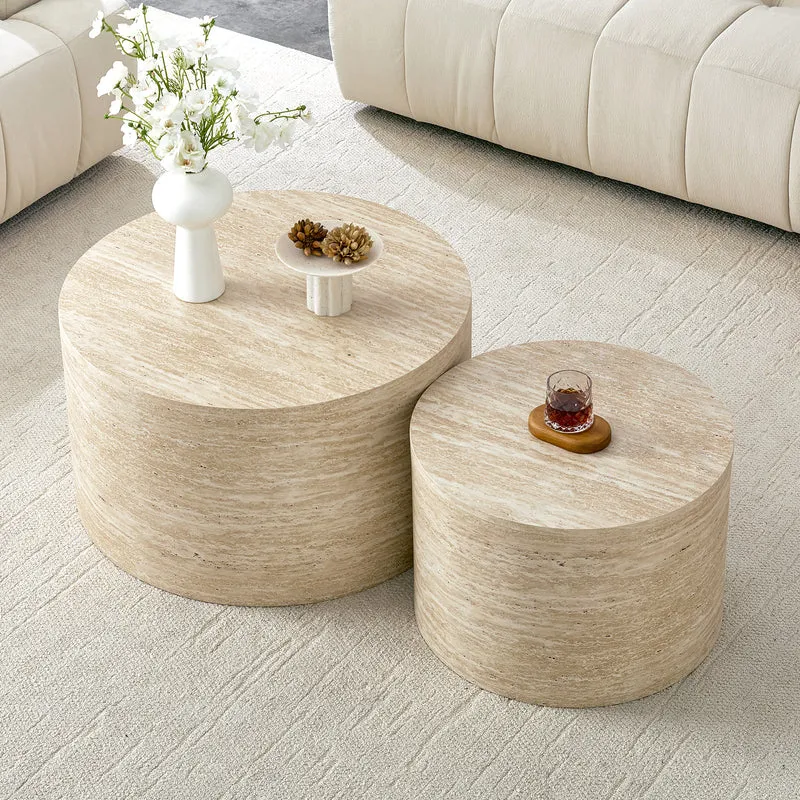 Lot de 2 tables basses gigognes rondes effet bois avec rangement, empilable RUSTICVANITYHOME