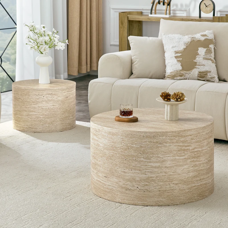 Lot de 2 tables basses gigognes rondes effet bois avec rangement, empilable RUSTICVANITYHOME