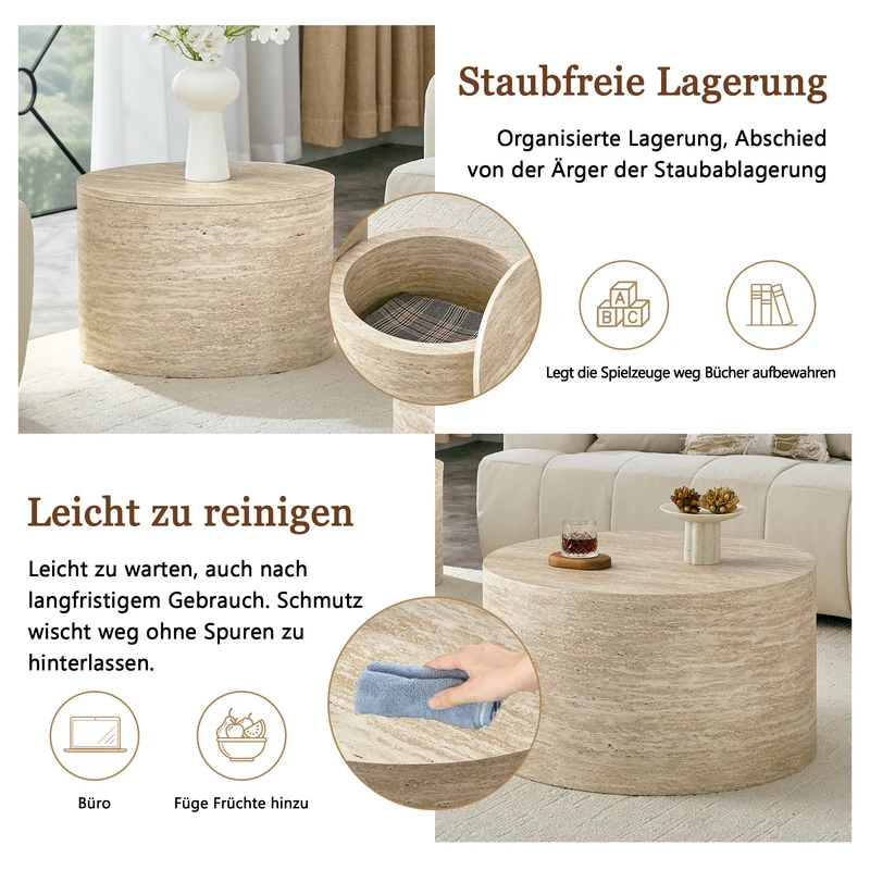 Lot de 2 tables basses gigognes rondes effet bois avec rangement, empilable RUSTICVANITYHOME