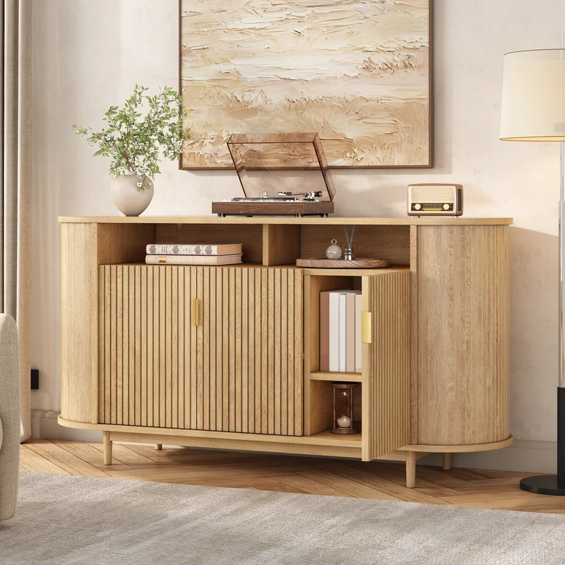 Buffet effet bois naturel, 3 portes, style moderne à relief vertical 140cm RUSTICRUGART