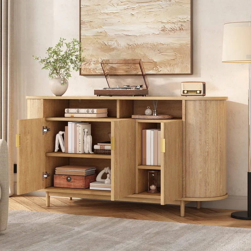 Buffet effet bois naturel, 3 portes, style moderne à relief vertical 140cm RUSTICRUGART