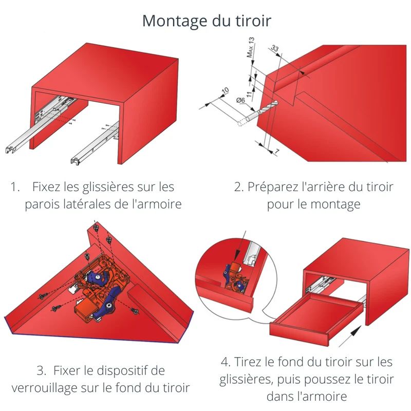 Ensemble de glissières dissimulée à fermeture silencieuse (gauche et droite), extension complète 270mm