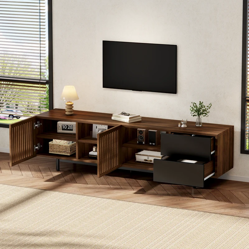 Meuble TV effet noyer et noir avec portes cannées 160cm RUSTICOTTOMANHOME