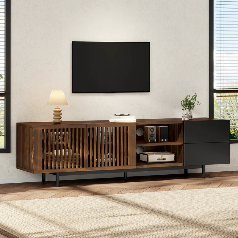 Meuble TV effet noyer et noir avec portes cannées 160cm RUSTICOTTOMANHOME