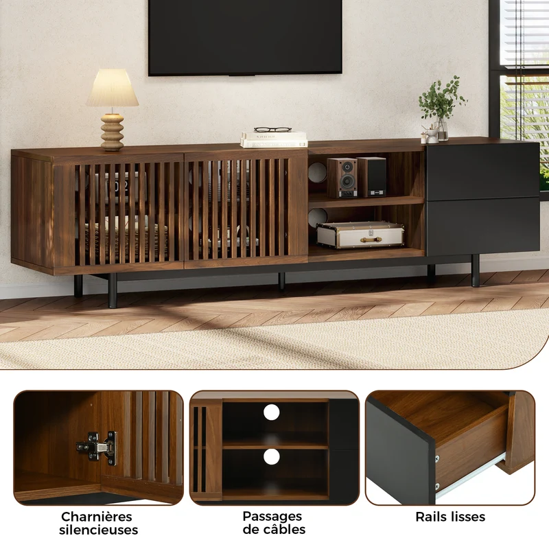 Meuble TV effet noyer et noir avec portes cannées 160cm RUSTICOTTOMANHOME
