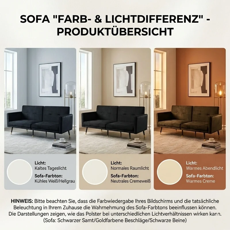 Canapé convertible 2 places en velours noir, dossiers réglables 164cm SCANDINAVIANDRESSER