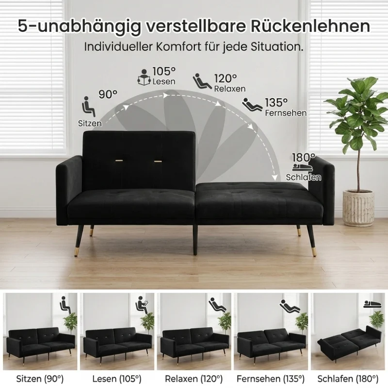 Canapé convertible 2 places en velours noir, dossiers réglables 164cm SCANDINAVIANDRESSER