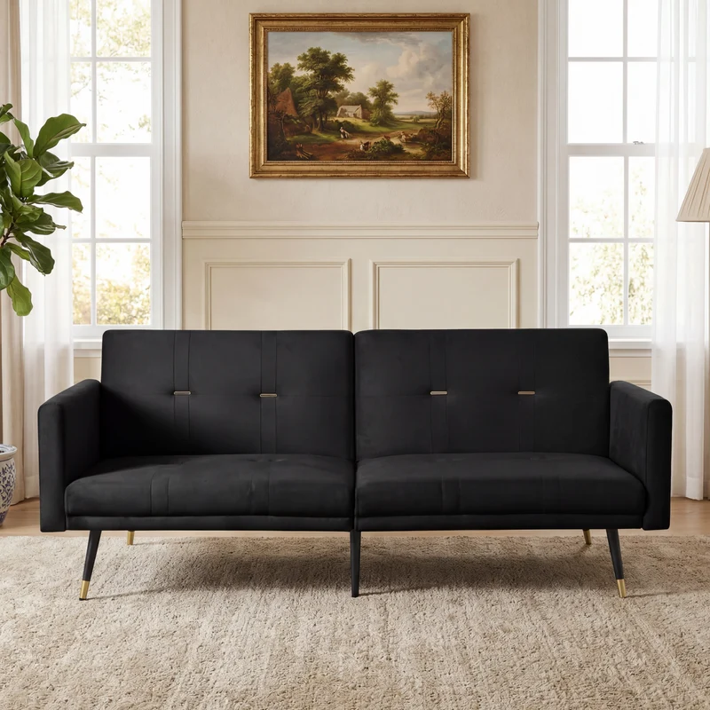 Canapé convertible 2 places en velours noir, dossiers réglables 164cm SCANDINAVIANDRESSER