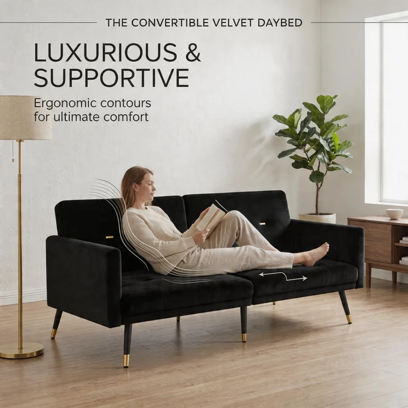 Canapé convertible 2 places en velours noir, dossiers réglables 164cm SCANDINAVIANDRESSER