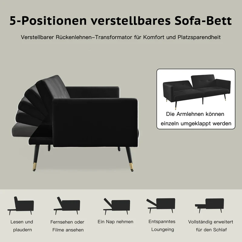 Canapé convertible 2 places en velours noir, dossiers réglables 164cm SCANDINAVIANDRESSER