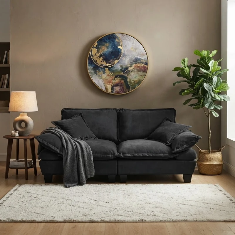 Canapé 2 places en chenille noire, style bateau 194cm SCANDINAVIANGOLDPLUS