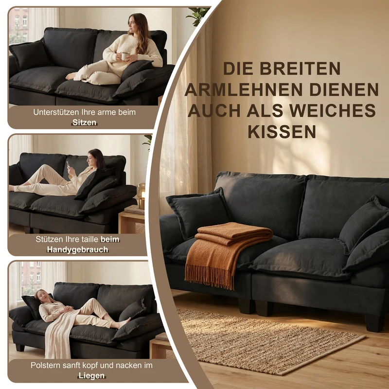 Canapé 2 places en chenille noire, style bateau 194cm SCANDINAVIANGOLDPLUS