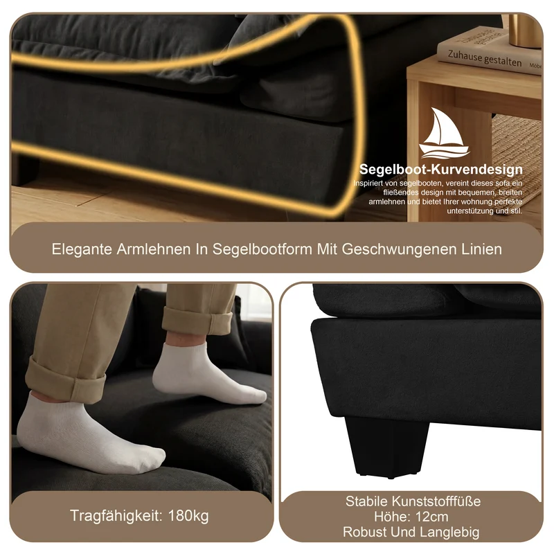 Canapé 2 places en chenille noire, style bateau 194cm SCANDINAVIANGOLDPLUS