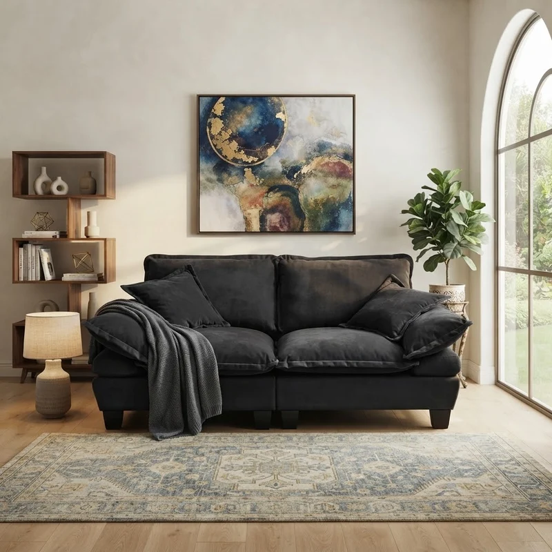 Canapé 2 places en chenille noire, style bateau 194cm SCANDINAVIANGOLDPLUS