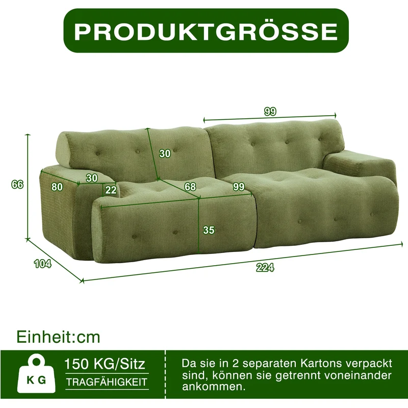 Canapé 3 places en chenille vert, design nuage moderne 224 cm SCANDINAVIANMARBLEMA