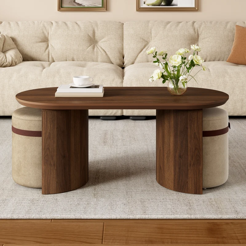 Ensemble de table basse ovale avec 2 poufs beige, effet noyer compact 108 cm RUSTICRUG