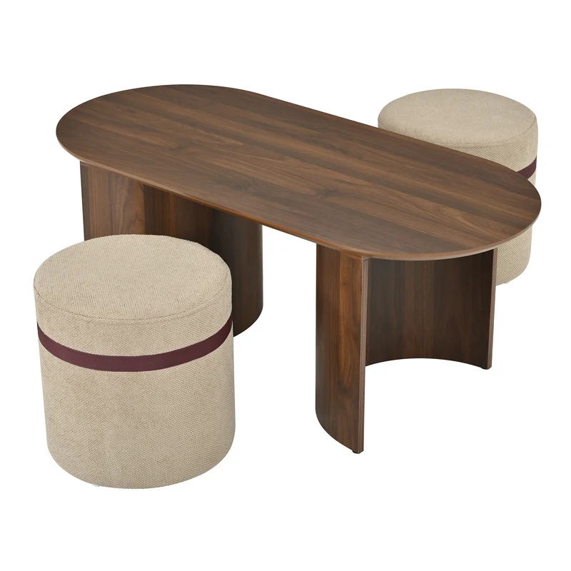Ensemble de table basse ovale avec 2 poufs beige, effet noyer compact 108 cm RUSTICRUG