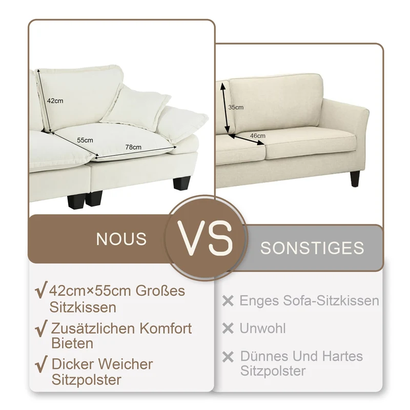 Canapé 3 places en chenille beige, style nuage 263cm SCANDINAVIANGOLDONE