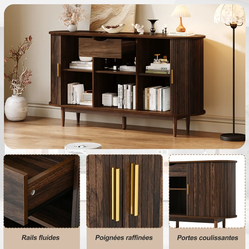 Buffet effet noyer à portes à latte et coulissantes, style vintage 140 cm RUSTICTHROW