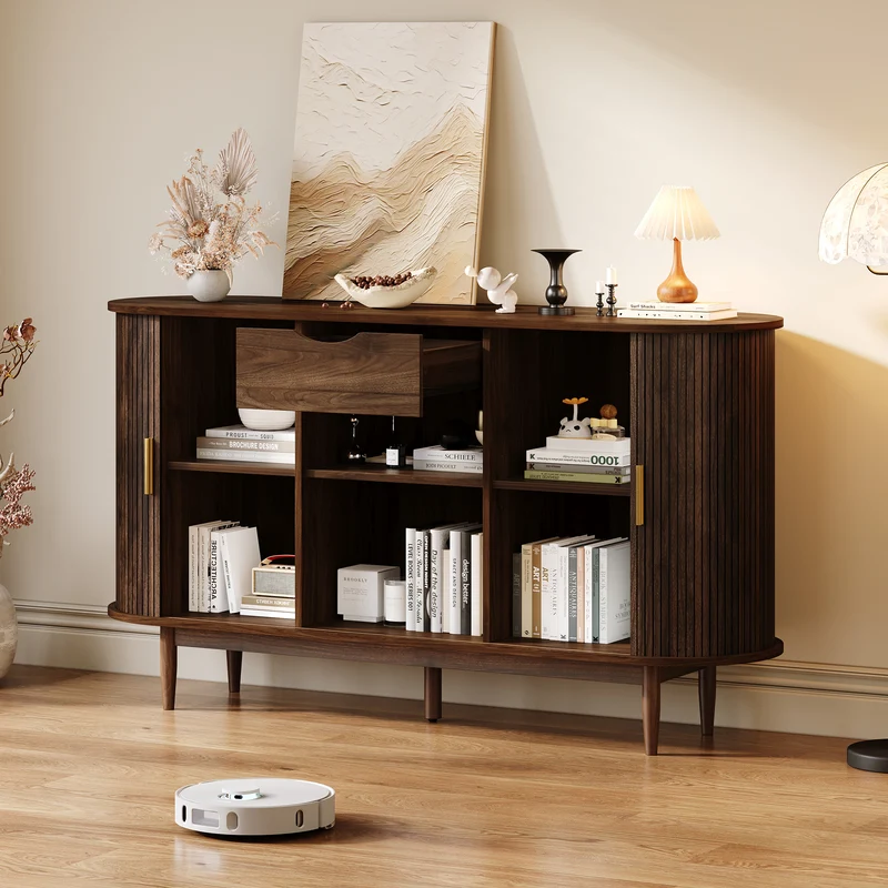 Buffet effet noyer à portes à latte et coulissantes, style vintage 140 cm RUSTICTHROW