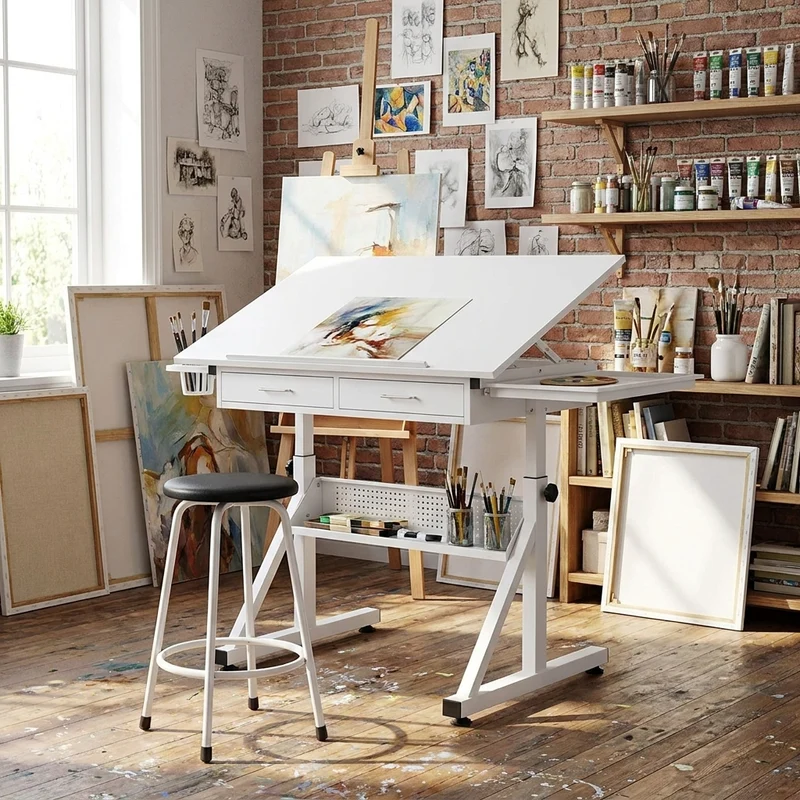 Table à dessin inclinable 98×60 cm avec 2 tiroirs, tabouret, blanche SHELFPLASTIC