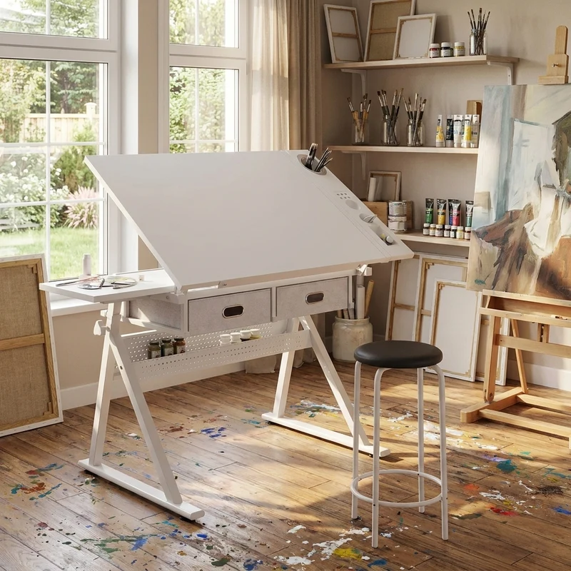Table à dessin inclinable 98×60 cm avec 2 tiroirs, tabouret, blanche SHELFPLASTIC